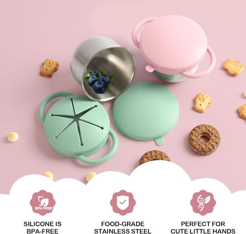 Daximo 2 Pack Snack Cups for Toddlers Spill Proof - Detachable Stainless Steel Toddler Snack Cups with Silicone Lids & Handles - Dishwasher Safe Baby Snack Containers for Mess-Free Snacking (Green and Pink) - Image 4
